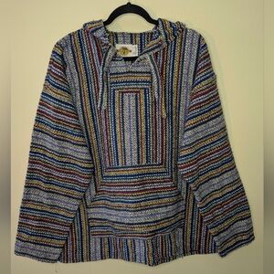 RARE VTG Earth Ragz Boho Hippie Reggae Rasta Poncho Drug Rug Striped Hoodie (L)
